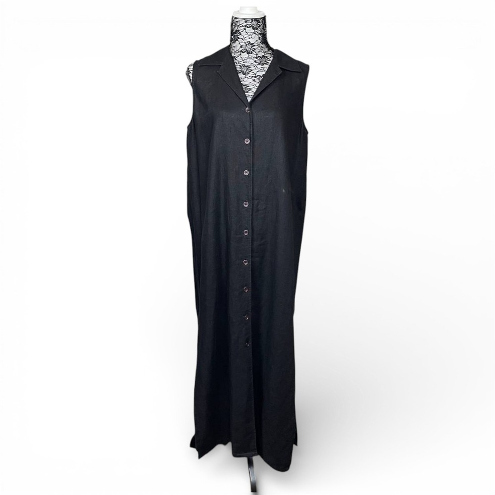 Lagenlook Black Linen Maxi Button Front Sleeveless Dress Plus Size 16 Minimalist